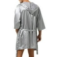 thumbnail image 3 of Fancy Men Hooded Loose Satin Silk Bathrobe Pajamas Sleepwear Gown Bath Robe Nightwear Gray M, 3 of 12