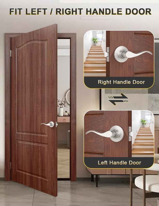 4 Pack Satin Nickel Modern Interior Passage Door Knobs, Keyless Door Handle for Hallway & Closet, Wave Style Non-Locking Door Lever Reversible for Left & Right Handed