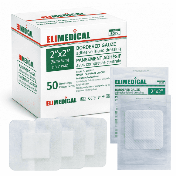 Elimedical Bordered Gauze Dressing Pad, sterile, 2"x2" Adhesive Island Dressing, Soft and Breathable Wound Dressing, Water Resistant, Non-Woven Latex Free. Individually wrapped 50/box BG22