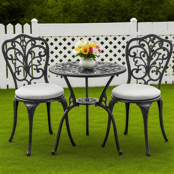 Withniture 3-Piece Black Outdoor Bistro Set with Cushion, All-Weather Cast Aluminum Patio Table & Chairs with Umbrella Hole for Garden, Balcony