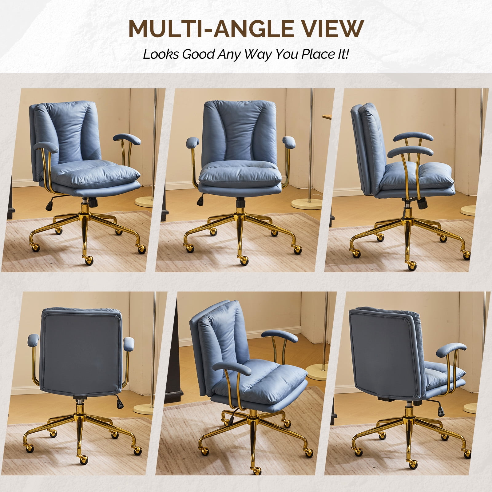 Ktaxon Office Chair High Back Study Chair Faux Leather Adjustable Swivel Vanity Chair with Padded Armrests for Conference and Home Blue