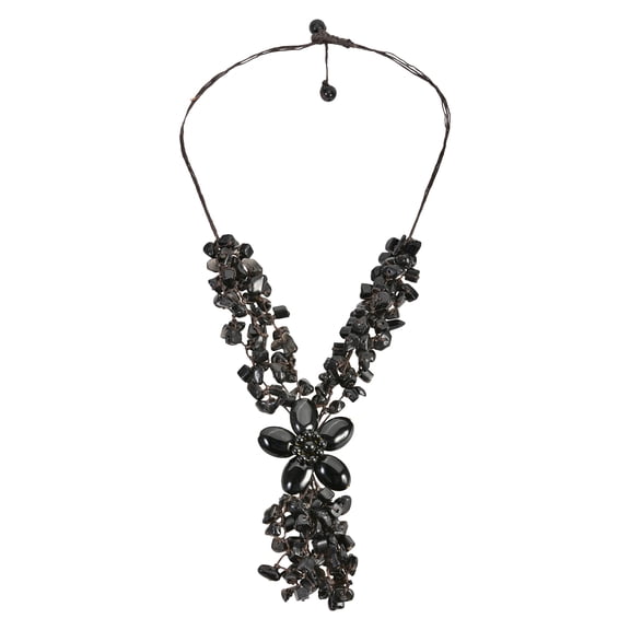 Adorable Black Onyx Stone Flower Cluster Rain Necklace