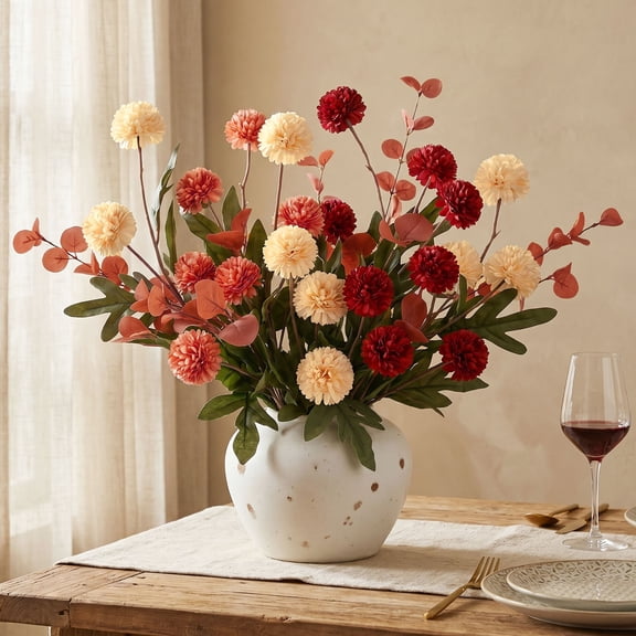 Scidweet Fall Fake Flowers, 12 Pcs Artificial Faux Chrysanthemum Flowers With Eucalyptus Plants Fall Decorations for Home Room Table Vase Wedding Party Indoor Decor , Multicolor