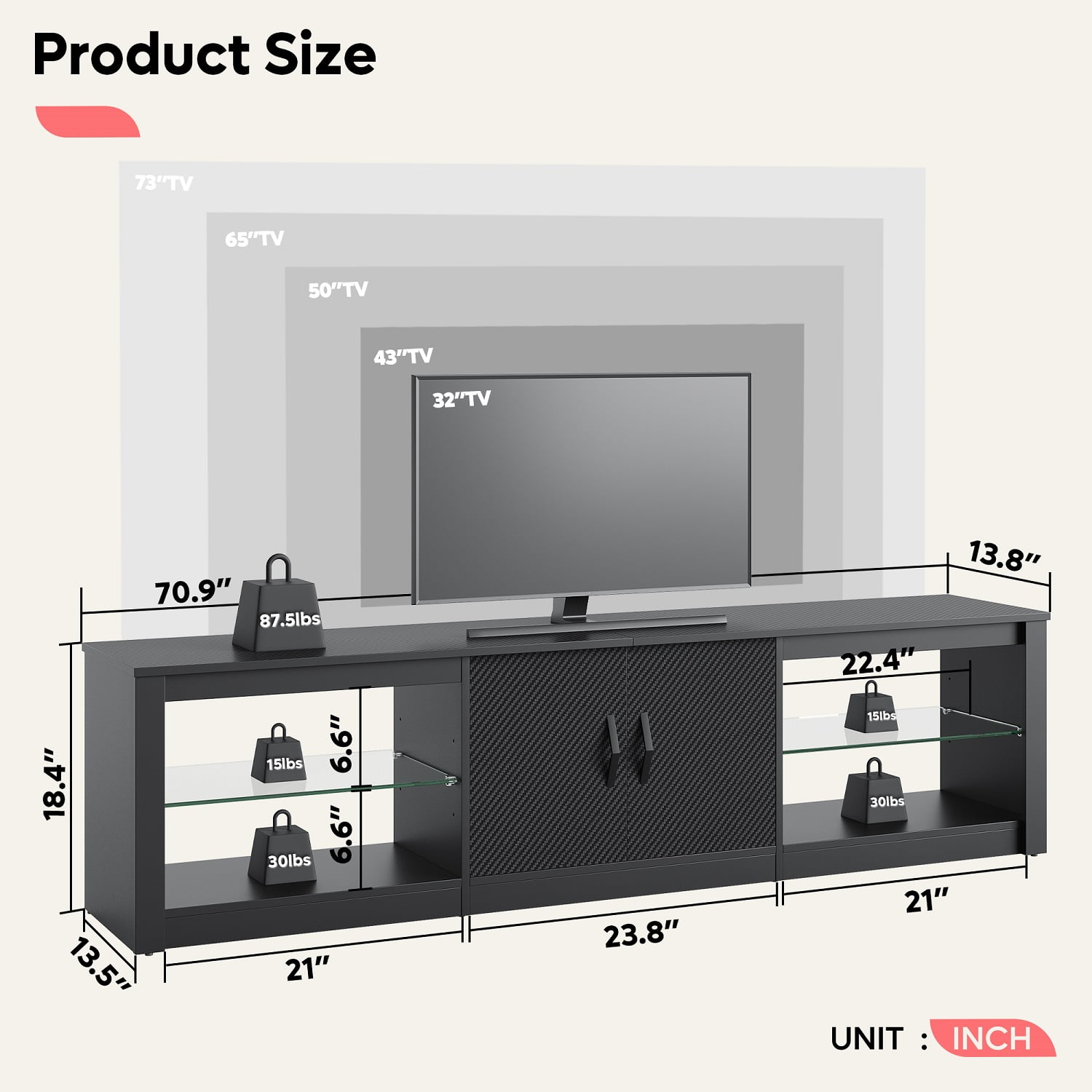 Bestier TV Stand for TVs up to 75" with Storage Cabinet, Entertainment Center for TVs with LED Light for Living Room, Carbon Fiber