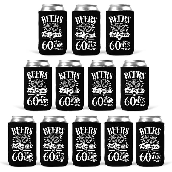 Beers and Cheers to 60 Years Can Cooler Sleeves Insulated 12 oz Beverage Beer Soda Anniversary Birthday Party Favors Supplies (Set of 12)