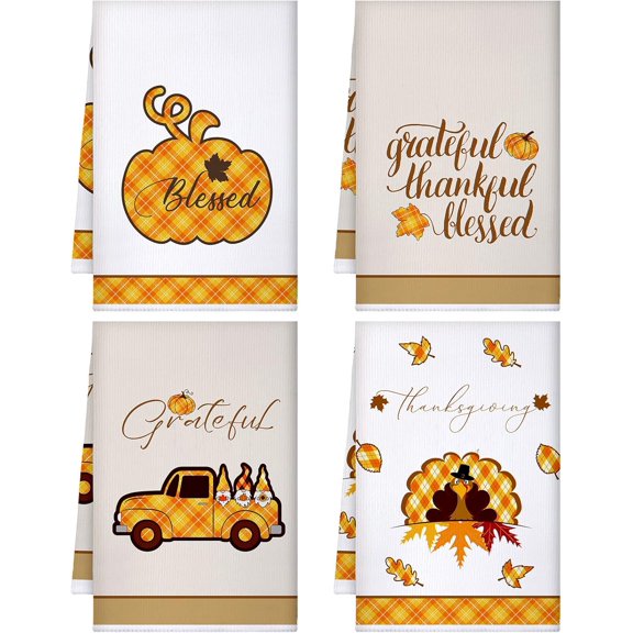 luyaa 4 Pcs Thanksgiving Kitchen Dish Towels Fall Pumpkin Dish Cloths with Hanging Loop Autumn Tea Towels Maple Leaves Dish Hand Towel for Fall Kitchen Bathroom Decor (White, Orange, Pumpkin)