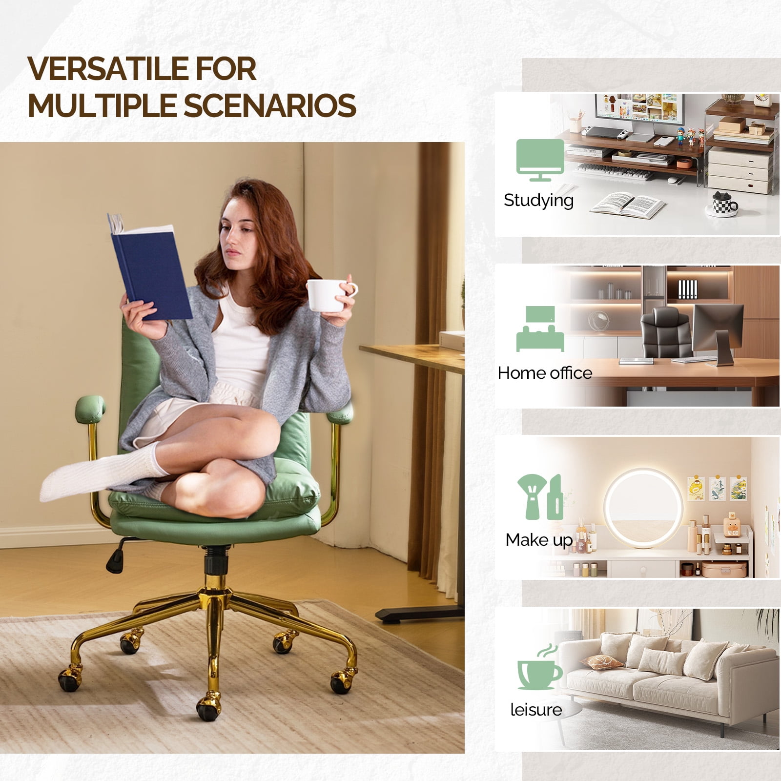 Ktaxon Office Chair High Back Study Chair Faux Leather Adjustable Swivel Vanity Chair with Padded Armrests for Conference and Home Green