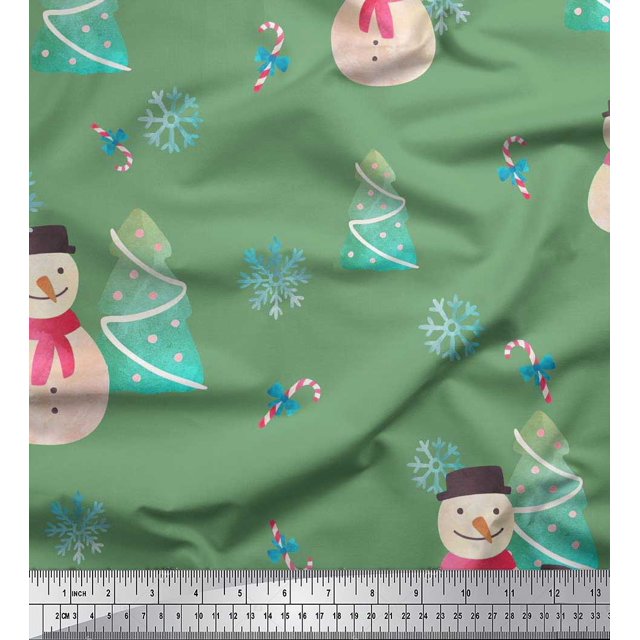 Soimoi Green Modal Satin Fabric Snowman & Tree Christmas Printed Fabric 1 Yard 42 Inch Wide
