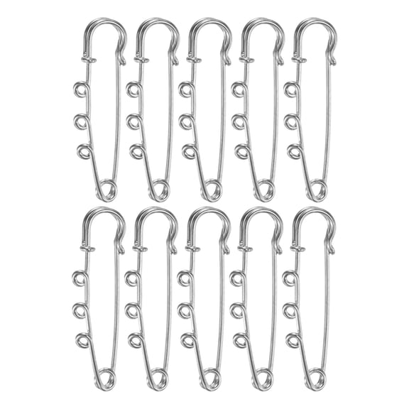 Uxcell 10 Pack Large Safety Pins, Brooch Pins with 3 Loops for DIY 1.97", Silver Tone