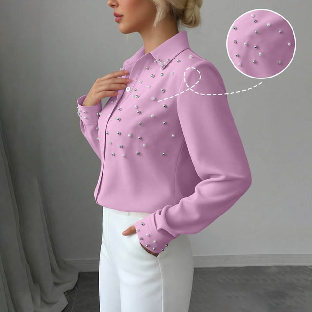 TaTaai Women's Loose Fit Blouse Long Sleeve Solid Color Pearl Button Collar Design Casual Office Shirt Fashion Polyester Top Gift