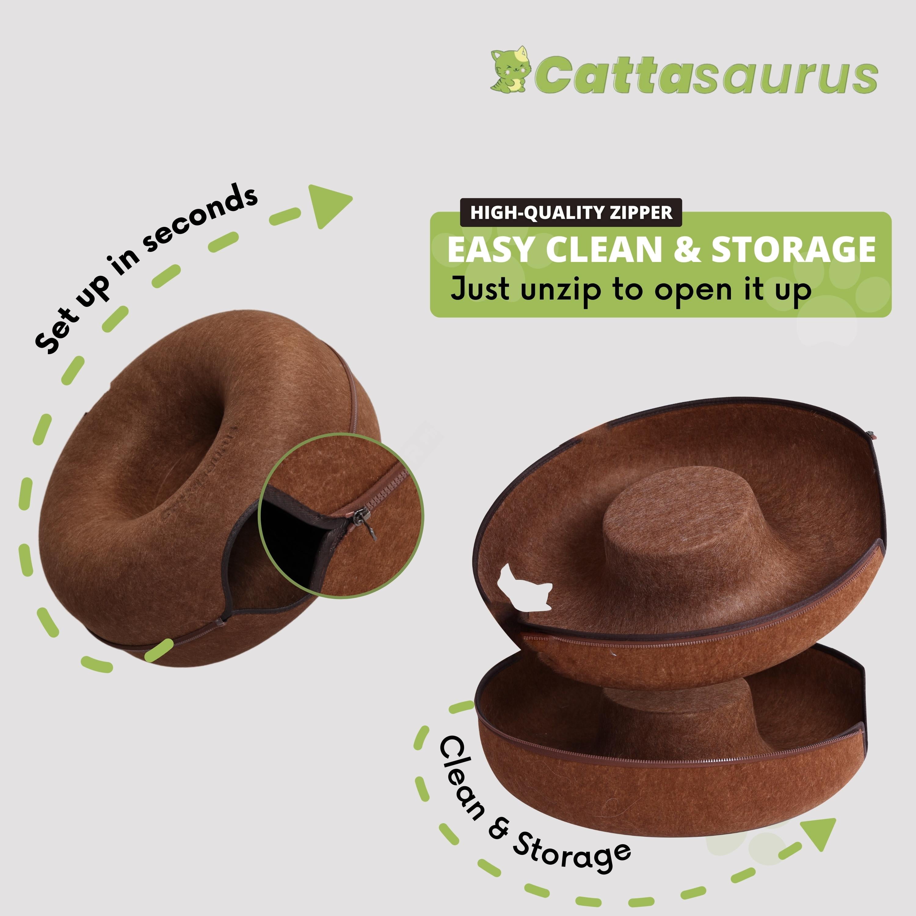 Cattasaurus Indoor Donut Felt Kitty Window Tunnel Bed, Detachable, Large, Brown