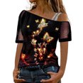 thumbnail image 1 of Gibobby Tirantes Para&nbsp;Camisa Tops estampados a la para mujer, camiseta con hombros descubiertos, camiseta elegante de manga corta con Sexy, blusa holgada（Rojo， M), 1 of 5