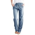 thumbnail image 2 of Women's Cotton Linen Blend Pants, High Waist Drawstring Wide Leg Casual Trousers, Elastic Waist Straight Leg Pants with Pockets, Comfy Lounge Wear for Daily, Spring and Summe-Sky Blue, 2 of 9
