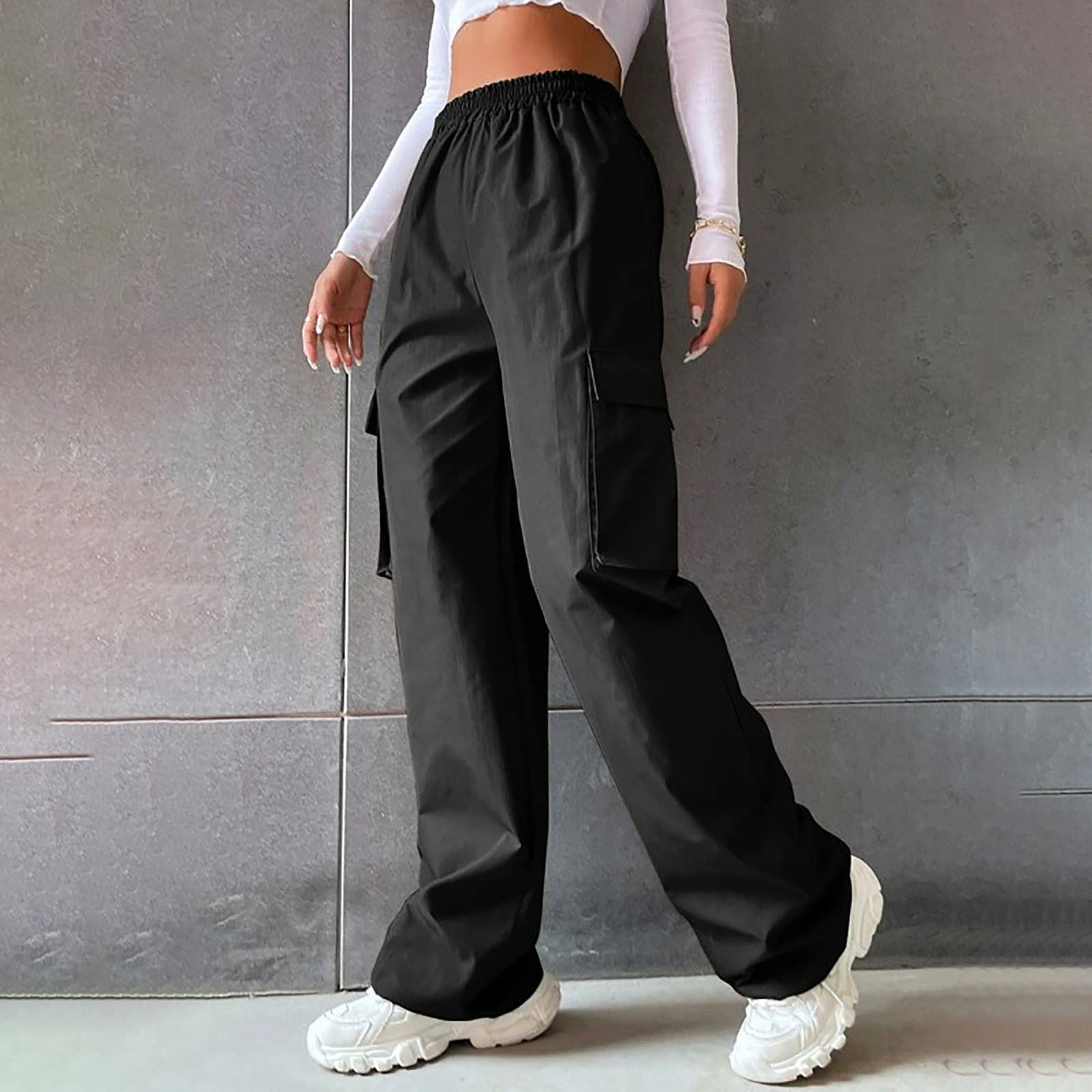 KIJBLAE Women's Bottoms Fashion Full Length Trousers Cargo Pants For Girls  Color Block Comfy Lounge Casual Pants Black L 