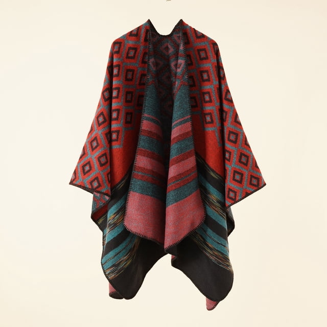 Nvzi Poncho tipo capa con frente abierto y patrón vintage, chal de invierno, color rojo