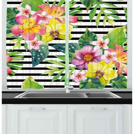- Floral Curtains 2 Panels Set, Bouquet with Lily Dahlia Palm Begonia Leaves Orchid Flowers on a Striped Background, Window Drapes for Living Room Bedroom, 55W X 39L Inches, Multicolor, by Ambesonne