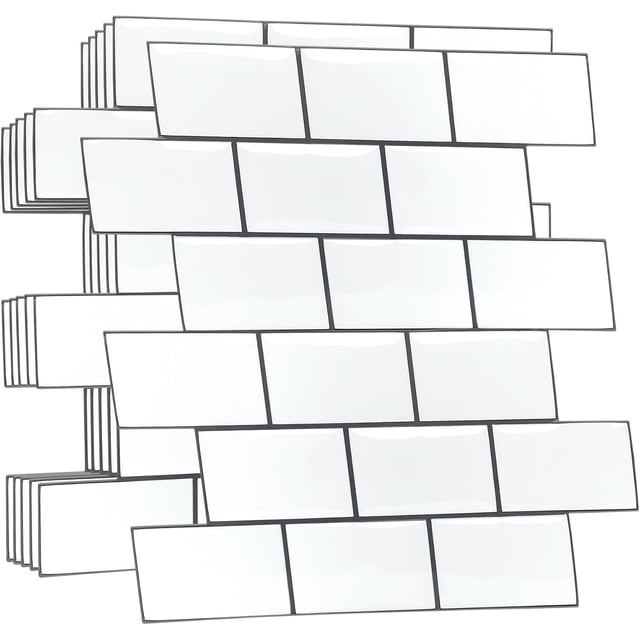 WALPLUS 40-Sheets Kitchen Backsplash 12" x 6" Peel and Stick Wall Tiles Removable Renter Friendly Backsplash Heat Resistant Azulejos Adhesivos para Cocina Glossy Pure White with Gray Grout