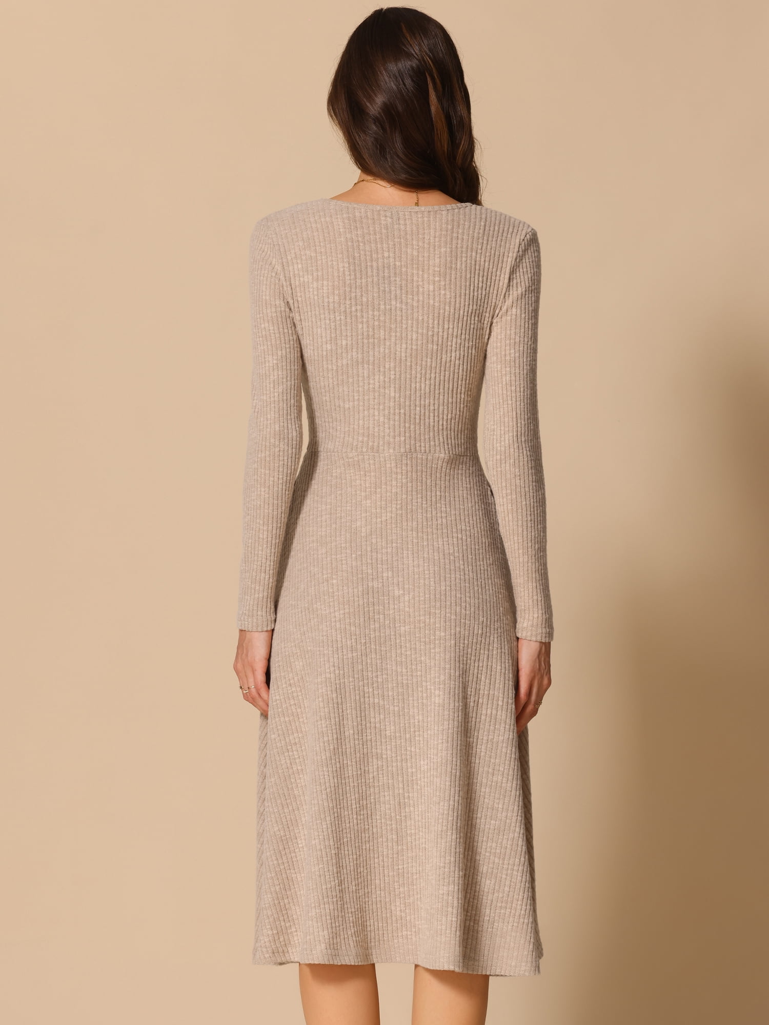 DARING DIVA Knit Ribbed Midi Deep V Wrap A-Line Dress L Khaki