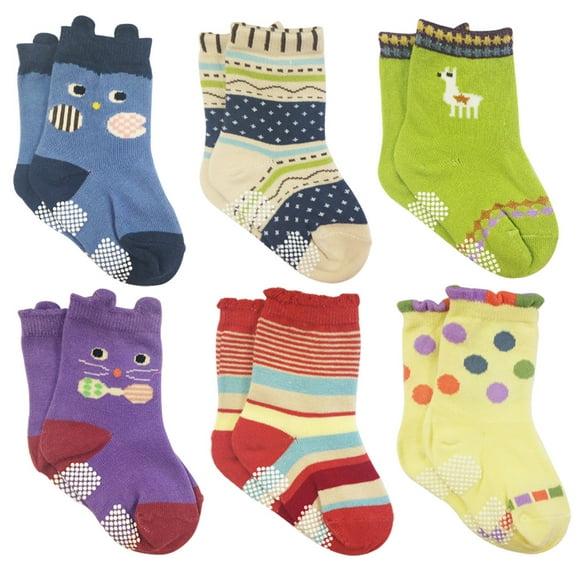 Wrapables® Peek A Boo Animal Non-Skid Toddler Socks (Set of 6), Cat and Owl (Small)