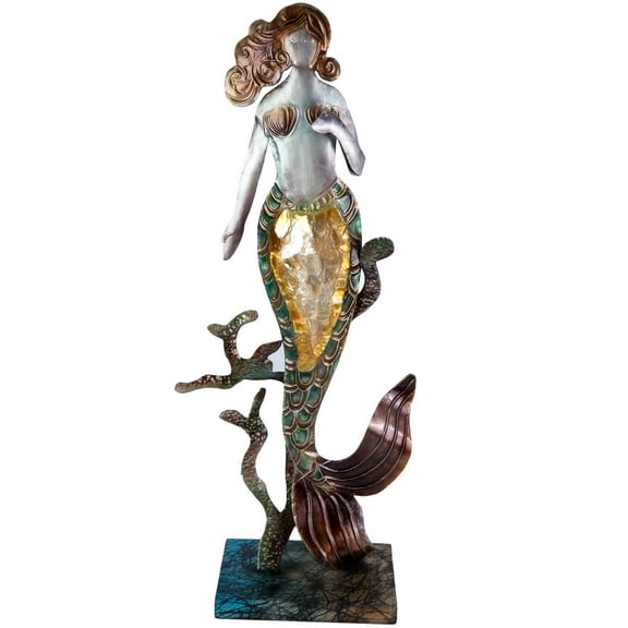 Metal and Capiz Mermaid on Coral Statue Figurine 13 Inch Beach Coastal Décor New