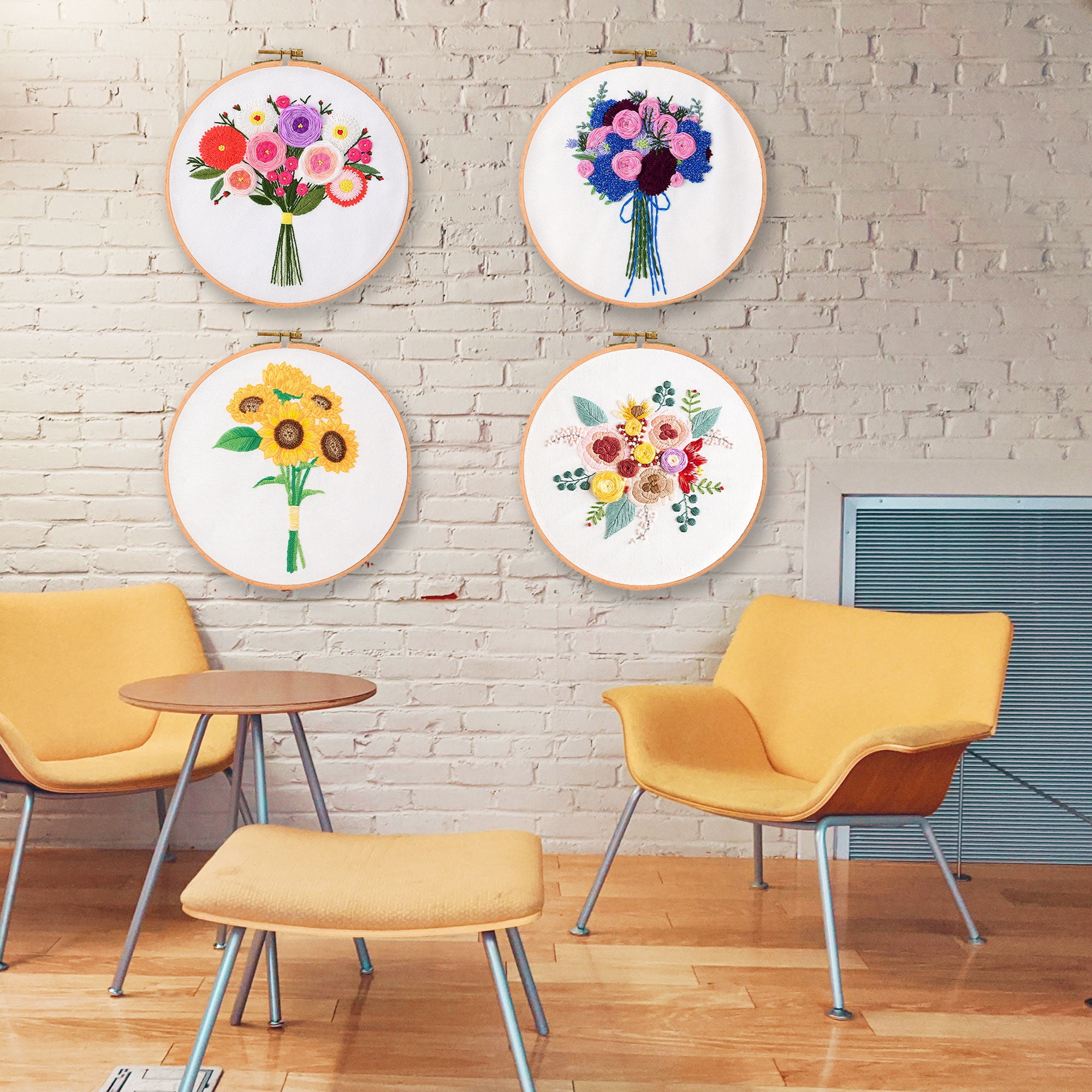 Blingpainting Embroidery Kit for Beginners with Flower Pattern, Cross Stitch kit,4pcs Embroidery Starter Kits Including Embroidery Hoop,Cloth and Color Threads