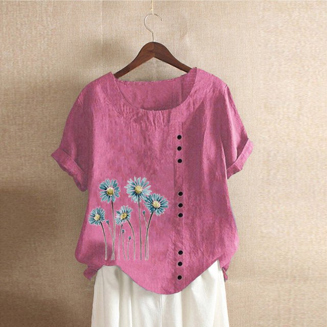 Fiudx Ofertas Flash Del Día Solo En Línea Camiseta de Verano con Cuello Redondo y Manga Corta para Mujer, Informal, con Botones Impresos