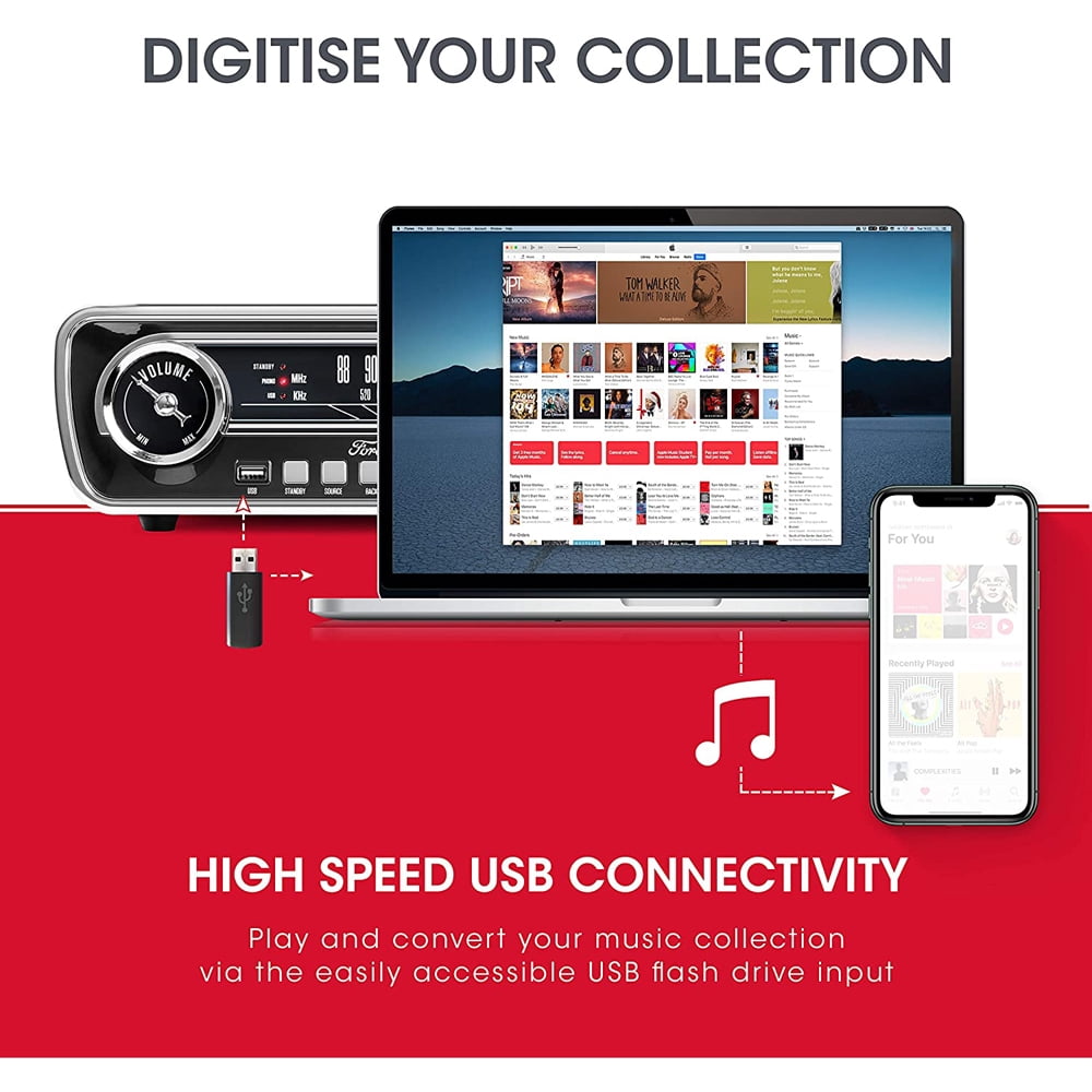 ION IT69BK Mustang LP 4-In-1 Classic Car-Styled Music Center