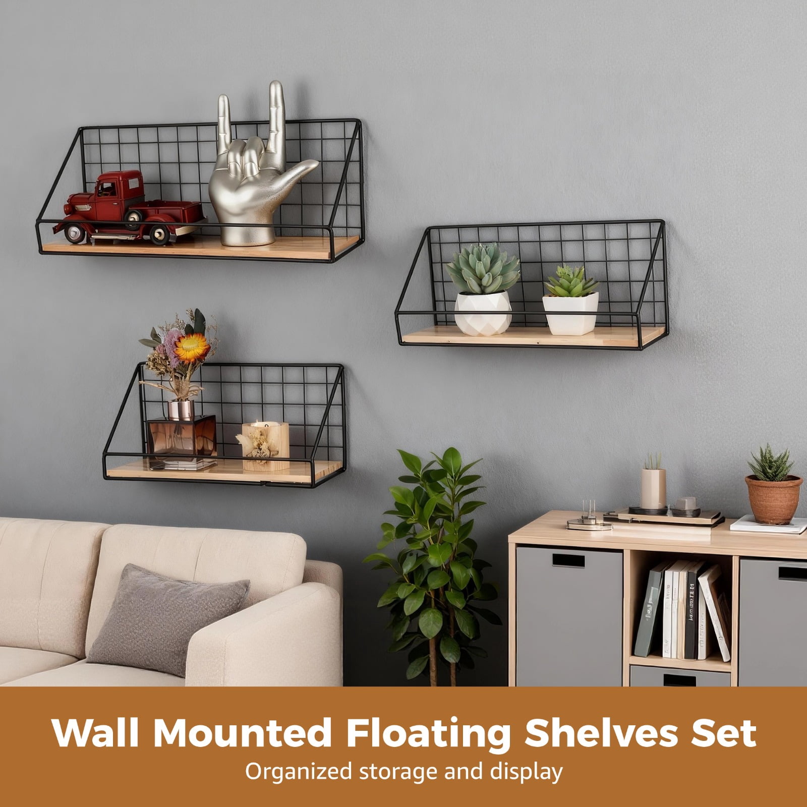 Decorative Shelf, 3 Pcs Floating Shelves for Wall No Drill Wall Mounted Wood Shelf with Metal Rail, Wire Frame Rustic Wall Decoration for Kitchen, Bathroom, Bedroom, 13.8/11.8/9.8 in Black