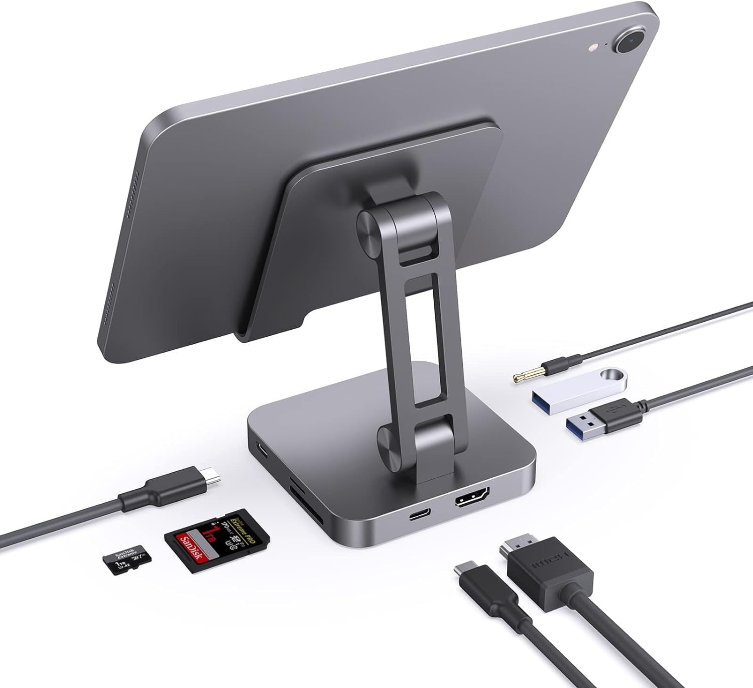 Enhanced 7-in-1 USB-C Docking Station: USB C Hub Charging Stand with 4K HDMI Adapter, Portable 100W PD USB Multiport Dongle, 2x USB 3.0, Card Reader, Audio Jack - Compatible with iPad Pro, MacBook Pro