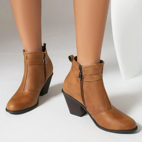 Bmisegm Womens Winter Boots Slip on 2024 Autumn and Winter New Western Boots Side Zipper Solid Color Short Boots Pointed Thick with High Heel Belt Buckle Short Boots Boots for Women Yellow 31