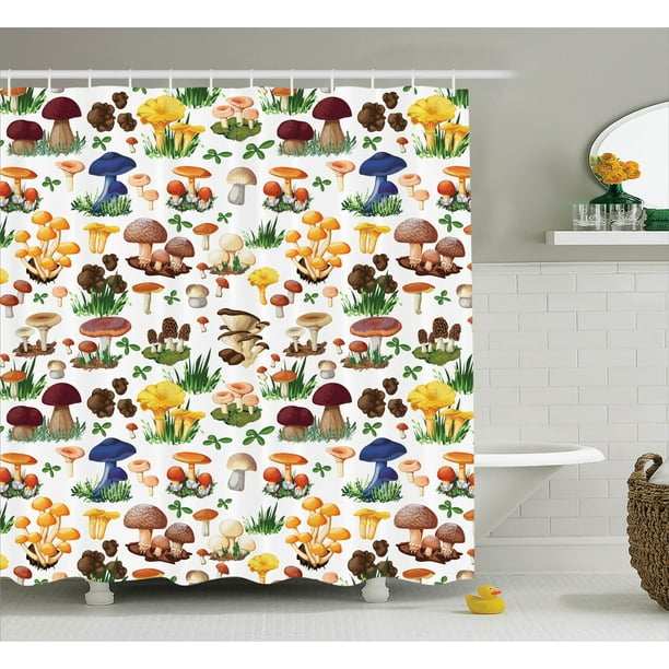 Mushroom Decor Shower Curtain Set, Pattern With Types Of Mushrooms Wild
