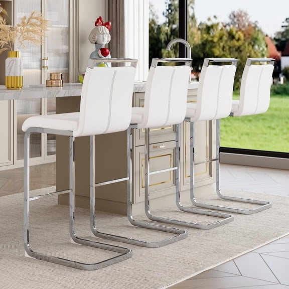 Lecut 30" Counter Height Bar Stools Set of 4, Modern Upholstered PU Leather Bar Stools with Back and Silver Chrome Plated Metal Frame, Armless Bar Chairs for Kitchen Island (White Silver)