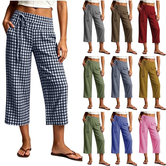 YanHoo Plaid Capris for Women Elastic Waisted Wide Leg Capri Pants Casual Comfy Vacation Cropped Trousers with Pockets