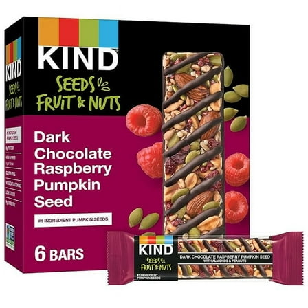 KIND Seeds Fruit & Nuts Snack Bar, Dark Chocolate Raspberry Pumpkin Seed | 5g Protein, High Fiber, Gluten Free Bars, 1.4 OZ, 6 Count