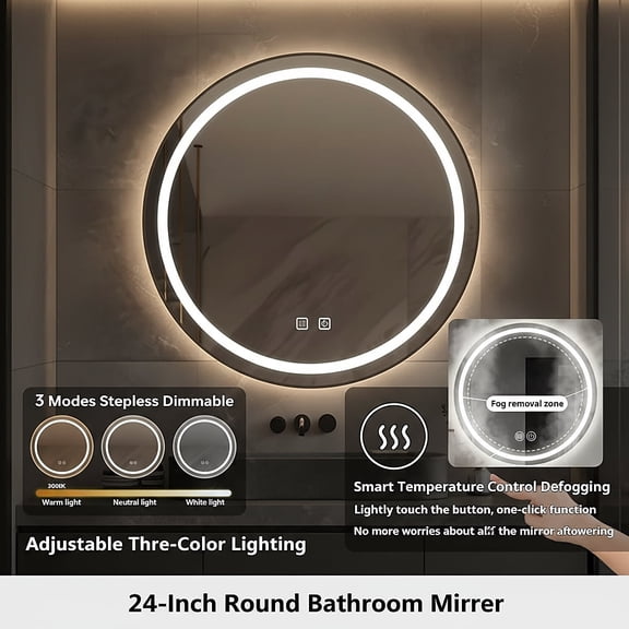 JCPYIUL 24’’ Round Led Bathroom Mirror with Lights，Anti-Fog Wall-Mounted Vanity Mirror， 3000K/5000K/10000KDimmable
