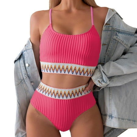 2 Piece Swimsuit For Women Spaghetti Strap High Waisted Color Clashing Split Sexy Bikini Set Red Women S Swimwear S