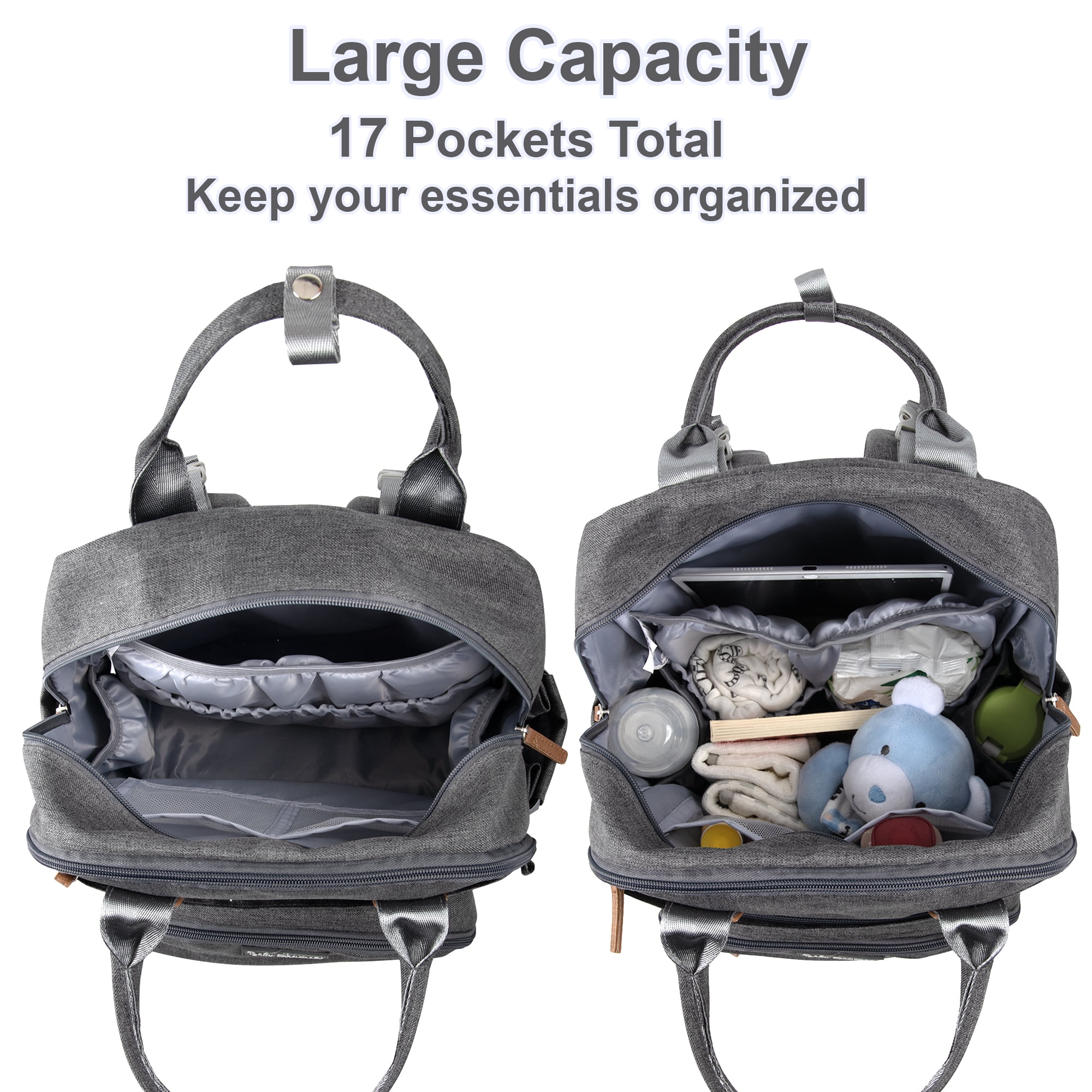 Baby Essentials Quilted 17 Pocket Diaper Bag Backpack Tote with Matching 6-Ply Changing Pad, Feeding Bottle Pockets, Stroller Straps & Pacifier Pouch in Heather Grey