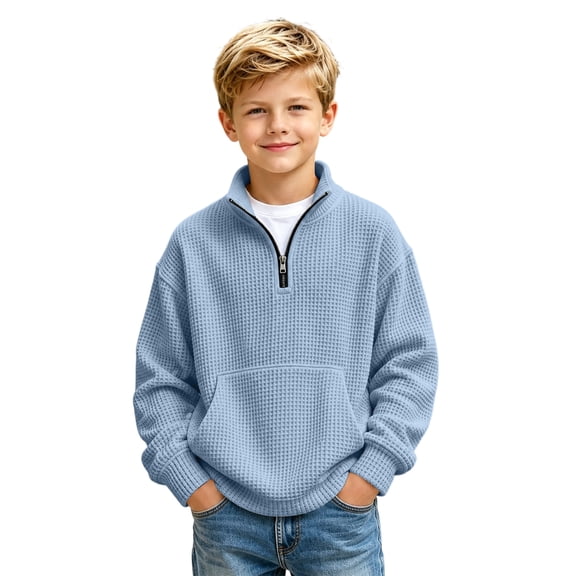 Boys Sweatshirt Quarter Zip Waffle Knit Plain Long Sleeve Pullover Sweatshirt Kids Fashion Athletic Casual Sweatshirts 3-14 Years