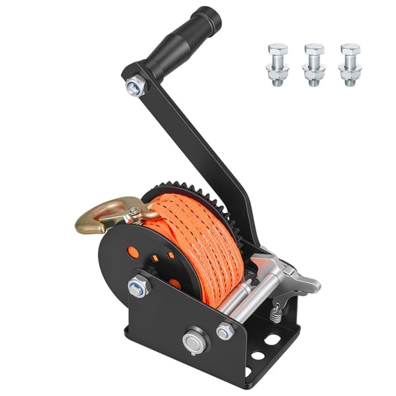 KFFKFF 600 lbs Hand Winch, Durable Manual Rope Crank with 20ft Orange Polyester Strap, Two-Way Ratchet, Anti-Slip Handle for Boat Trailer and ATV Towing