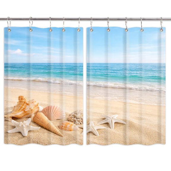 Starfish Beach Theme Kitchen Windows Curtain Fabric, Tropical Sea Waves Seashell Conch Hawaiian Seaside Scene, Ocean View Cloth Kitchen Curtains,Beach Kitchen Curtains Sets for Windows,55X39in