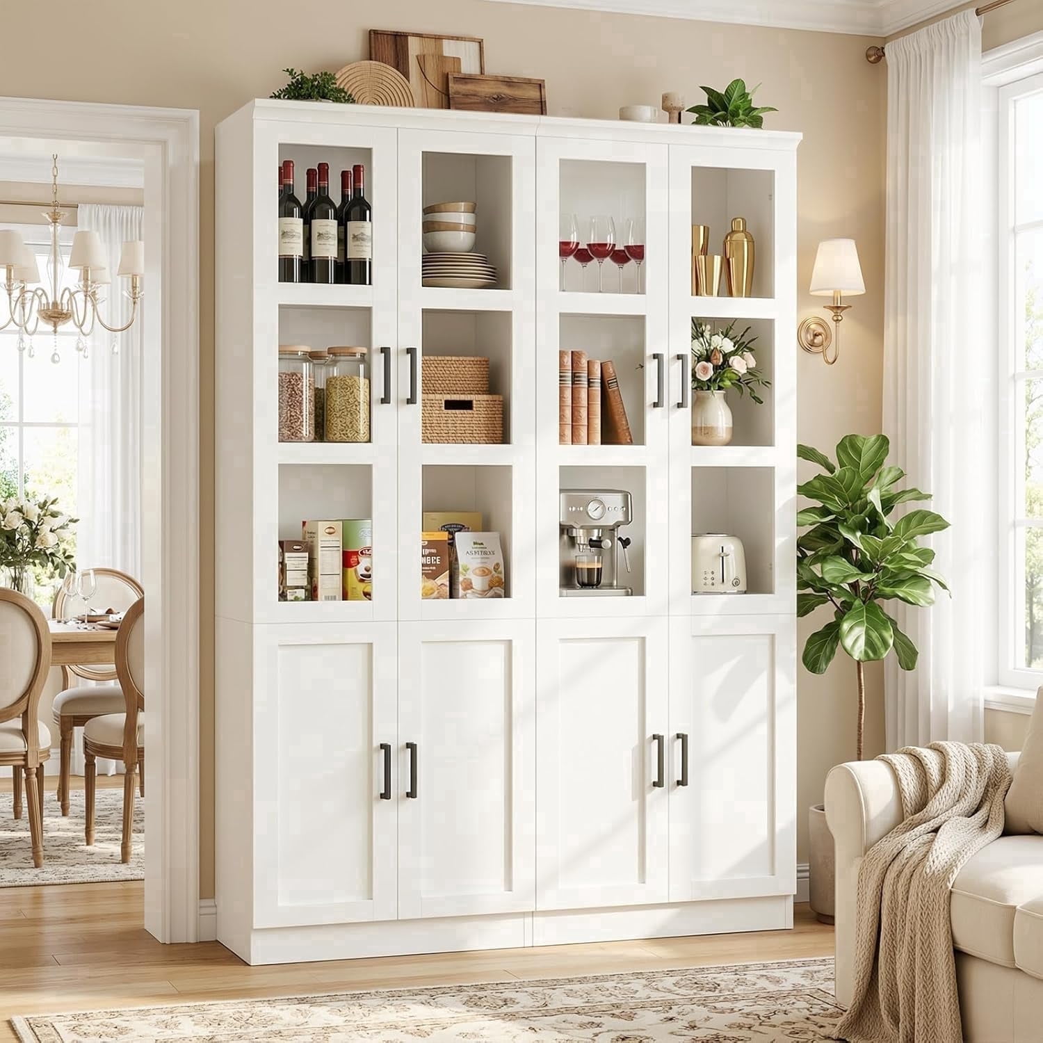 iSunirm 79.7'' Tall Pantry Cabinet with Tempered Glass Doors and Adjustable Shelves, Freestanding Kitchen Hutch Cabinet for Kitchen, Dining, Living Room, White, 2 Packs