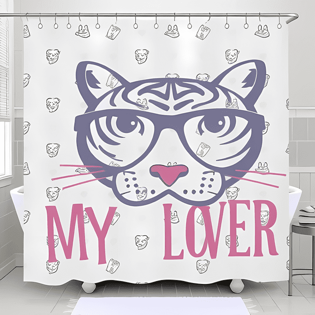 Whimsical Tiger Face Shower Curtain with Spectacles & Hearts - "MY LOVER" Design in Soft Pastels