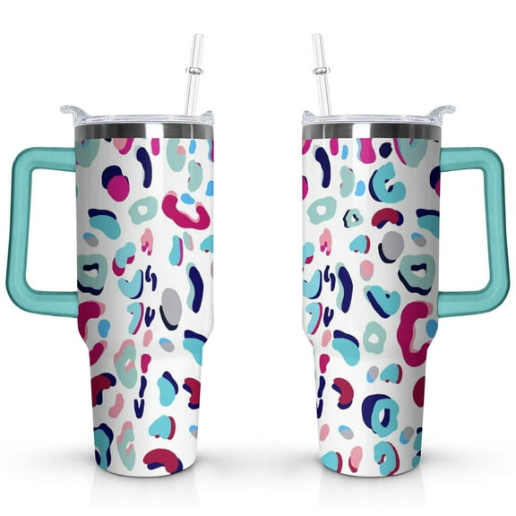 40oz Fashion Leopard Pattern Stainless Steel Flip Straw Tumbler Spill Proof Travel Cup Double Wall Vacuum Insulated Coffee Mug with Top Handle