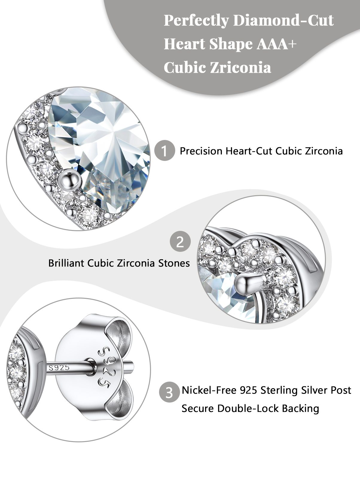 Silvora 925 Sterling Silver Heart Stud Earrings for Women April Birthstone Elegant Earring Birthday, Anniversary, Christmas Jewelry Gift