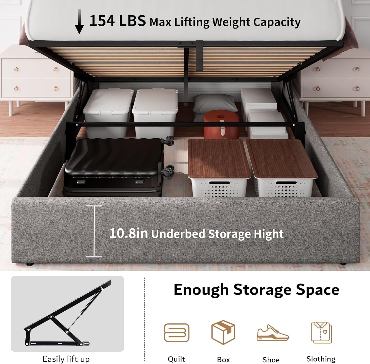 iPormis Full Size Bed Frame with Lift Up Storage & Charging Station, Button Tufted Wingback Upholstered Headboard, Wooden Slats Support, Light Gray