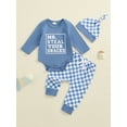 thumbnail image 2 of Suealasg 3Pcs Newborn Baby Boy Clothes Letter Print Long Sleeve Romper +Checkerboard Pants +Hat 3 6 12 18 Months Infant Boy Fall Winter Outfits, 2 of 7