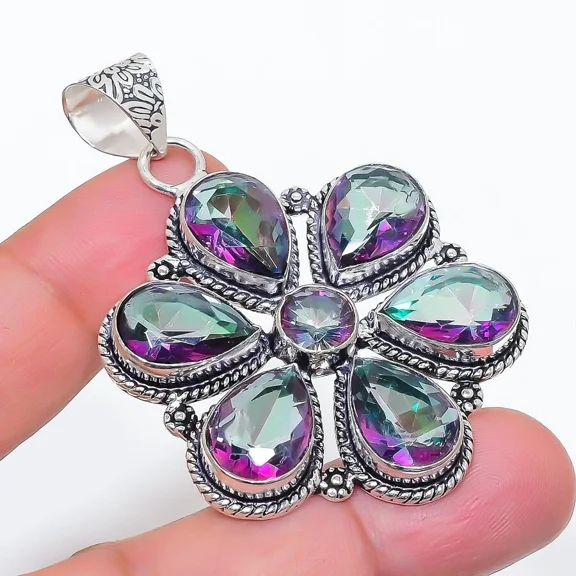 Mystic Topaz Gemstone Handmade 925 Sterling Silver Jewelry Pendant Size 2.5"