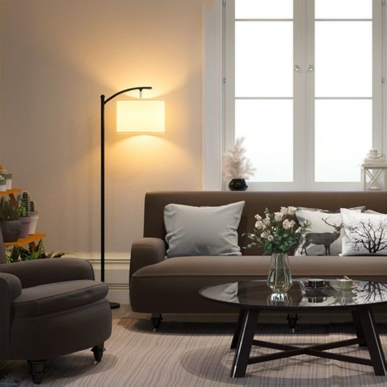 Floor Lamp for Living Room,LED Standing Lamp Tall Industrial Floor Lamp Reading for Bedroom, Office (9W, Beige Lampshade Included) -Black
