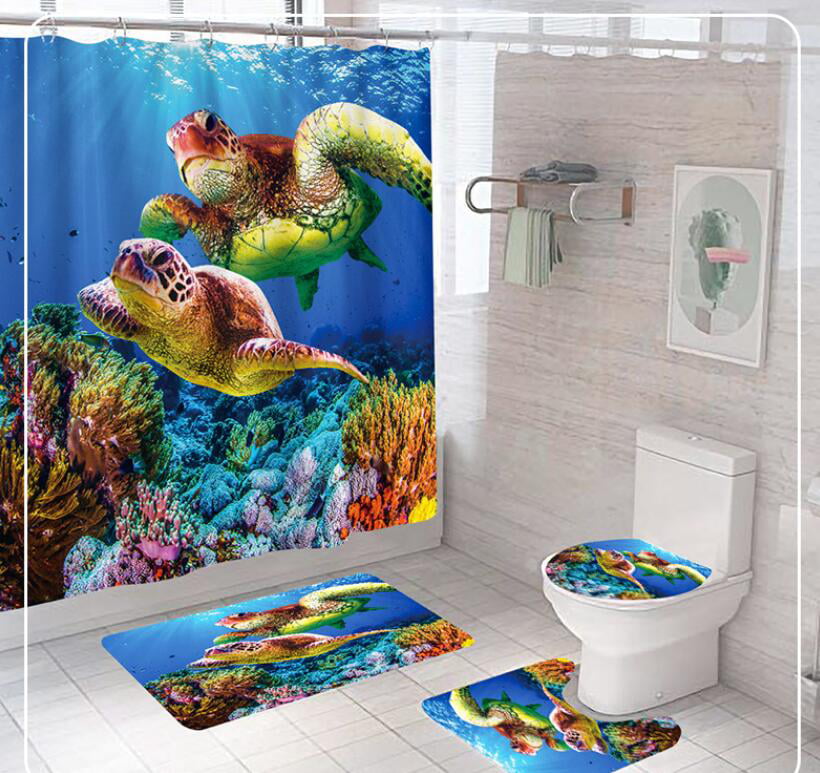 4Pcs Sea Turtles Non Slip Toilet Cover Rugs Mat Set Bath Bathroom Shower Curtain 