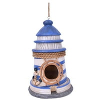 Outdoor Decorative 8.5" Resin Blue & White Lighthouse Bird House